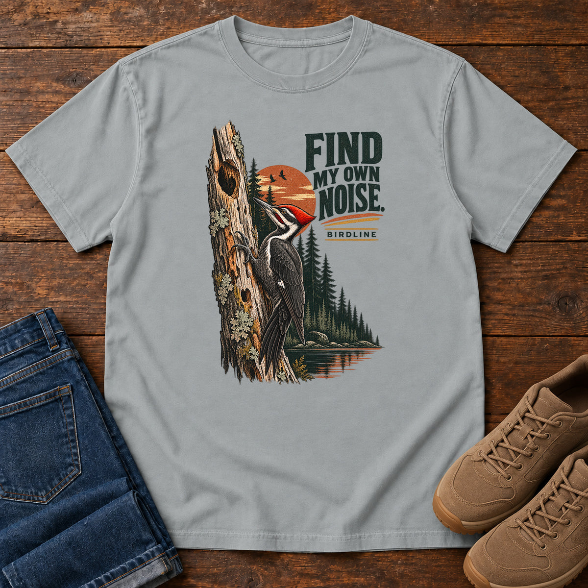 I Find My Own Noise Woodpecker T-Shirt in Granite