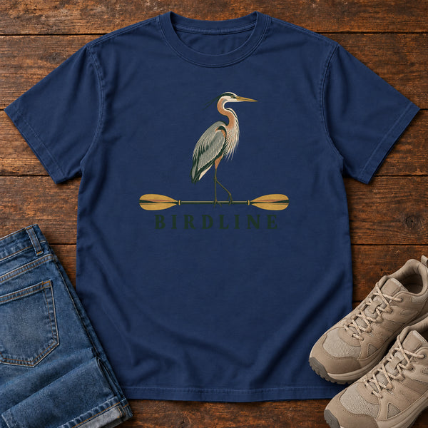 Great Blue Heron Paddle Birdline T-Shirt in True Navy, front view