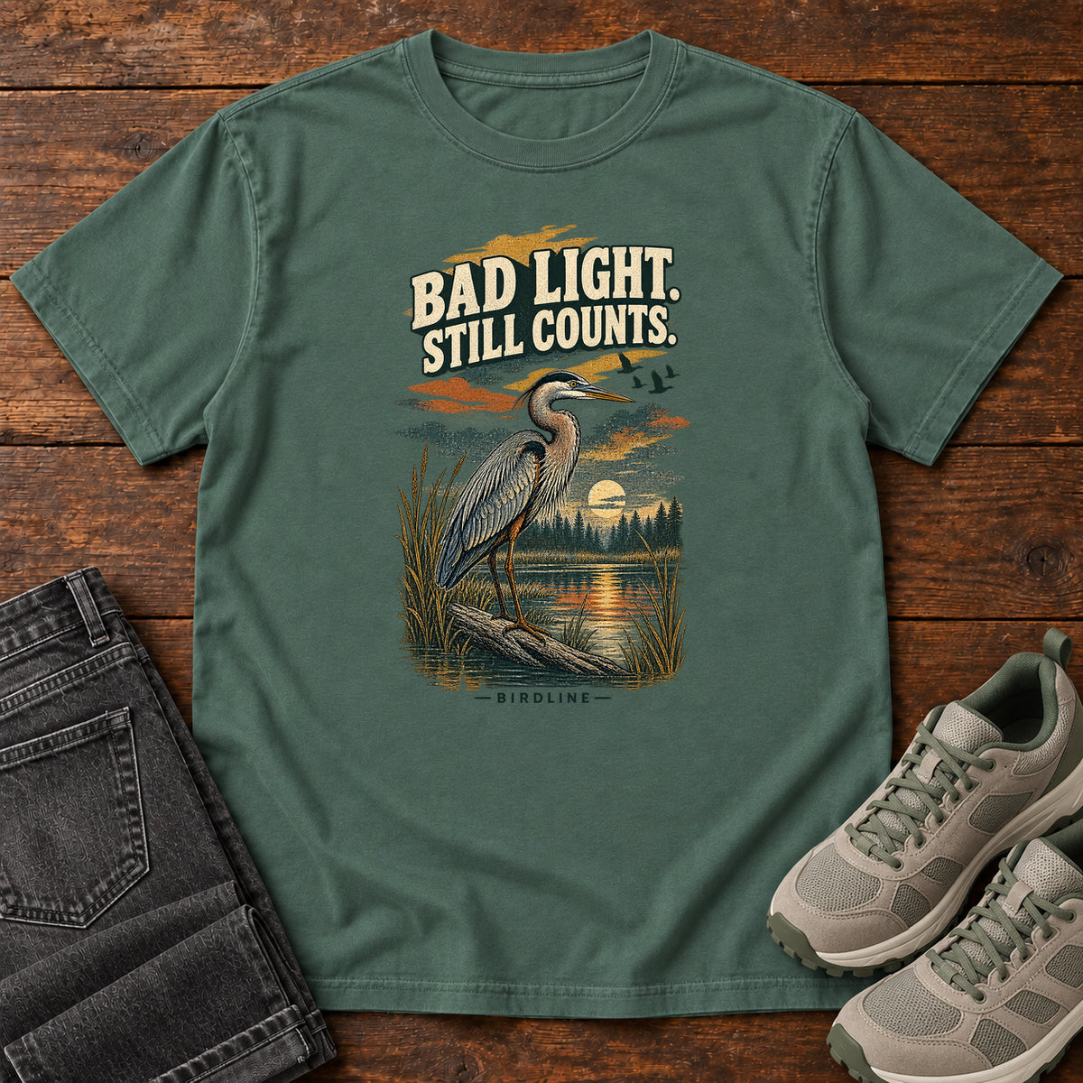 Bad Light Still Counts Heron T-Shirt in Blue Spruce