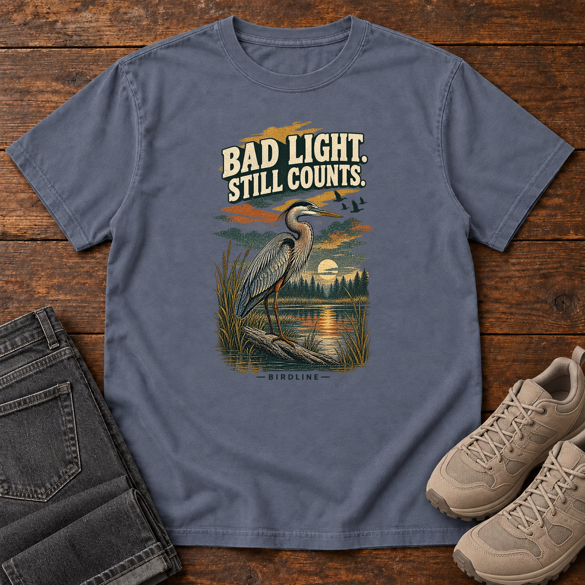 Bad Light Still Counts Heron T-Shirt in Denim