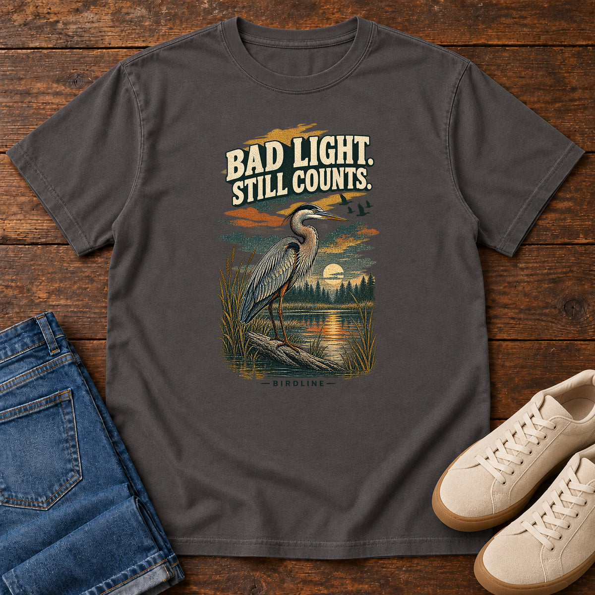Bad Light Still Counts Heron T-Shirt in Graphite