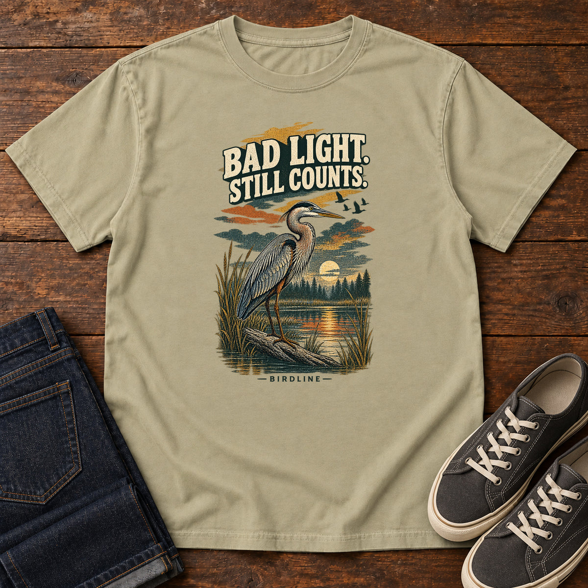 Bad Light Still Counts Heron T-Shirt in Khaki