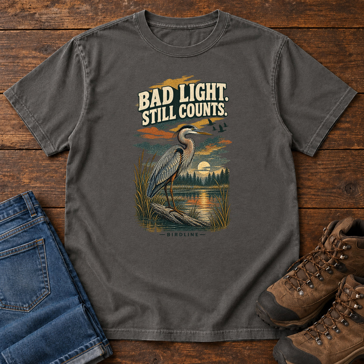 Bad Light Still Counts Heron T-Shirt in Pepper