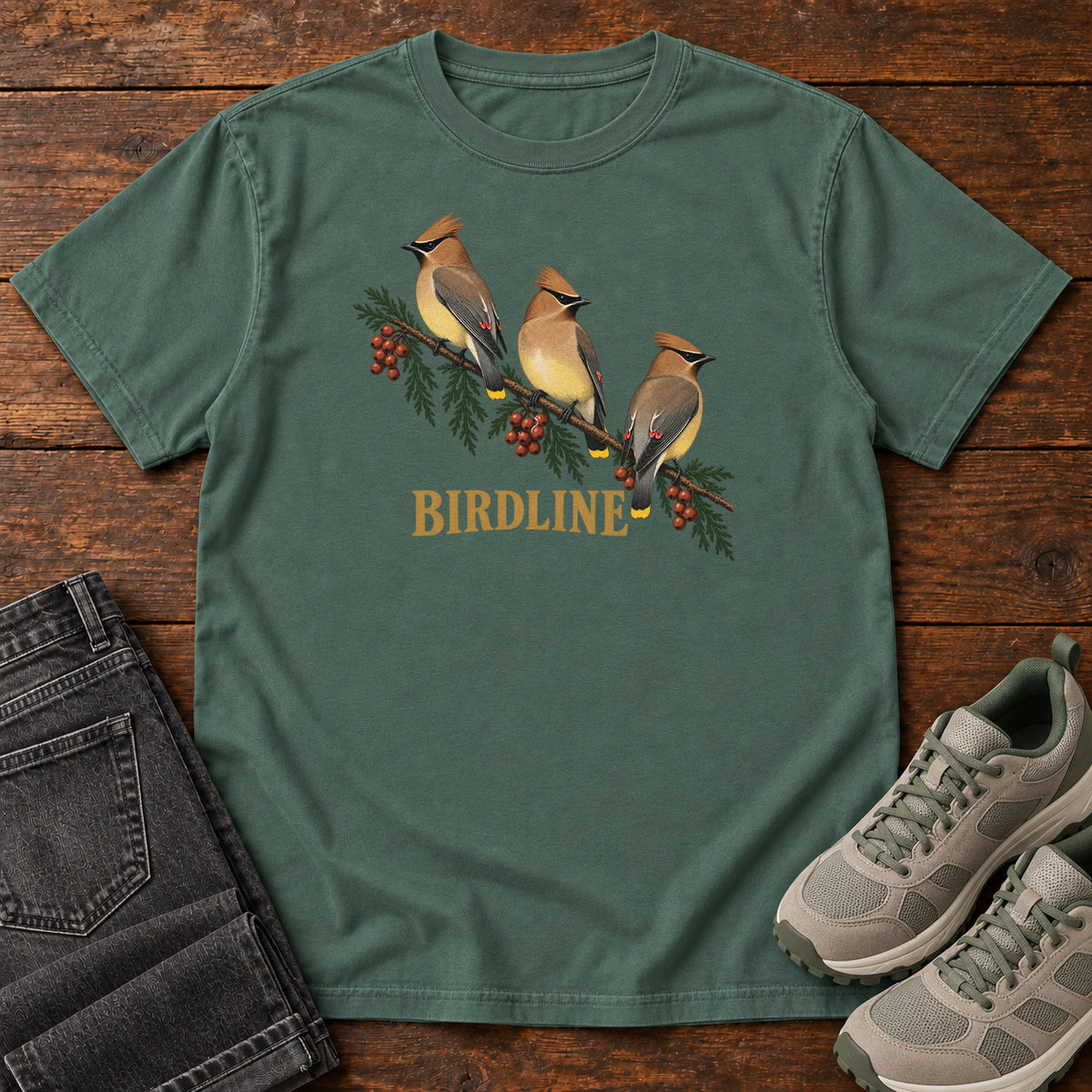 Blue Spruce Cedar Waxwings Birdline T-Shirt with three crested birds on a berry-laden evergreen branch; front flat lay on wood.