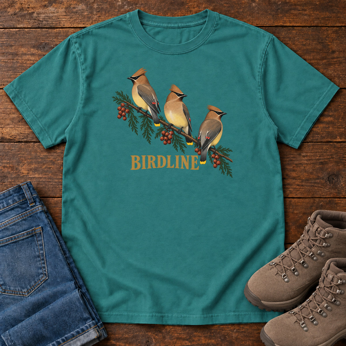 Emerald Cedar Waxwings Birdline T-Shirt with three crested birds on a berry-laden evergreen branch; front flat lay on wood.