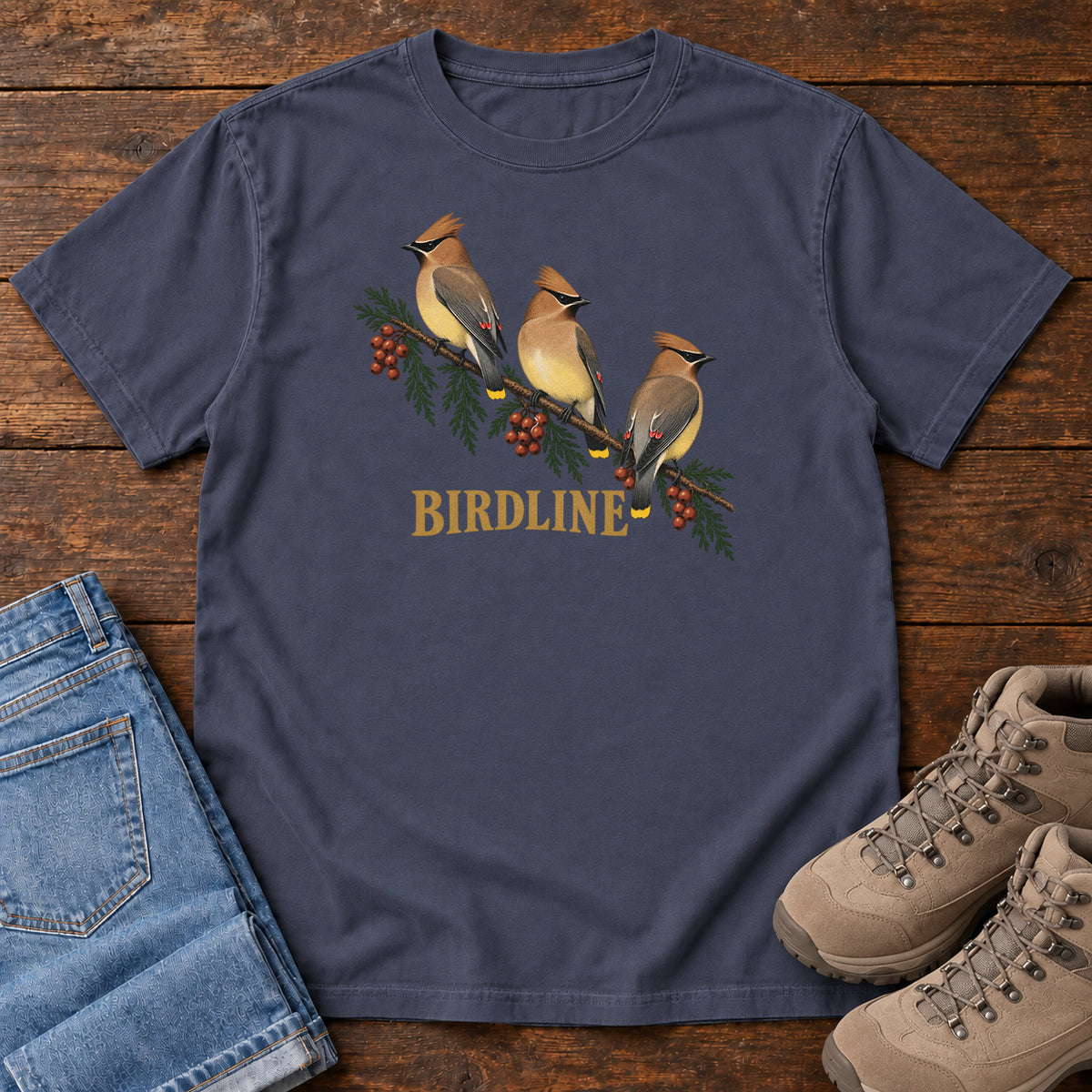 Navy Cedar Waxwings Birdline T-Shirt with three crested birds on a berry-laden evergreen branch; front flat lay on wood.