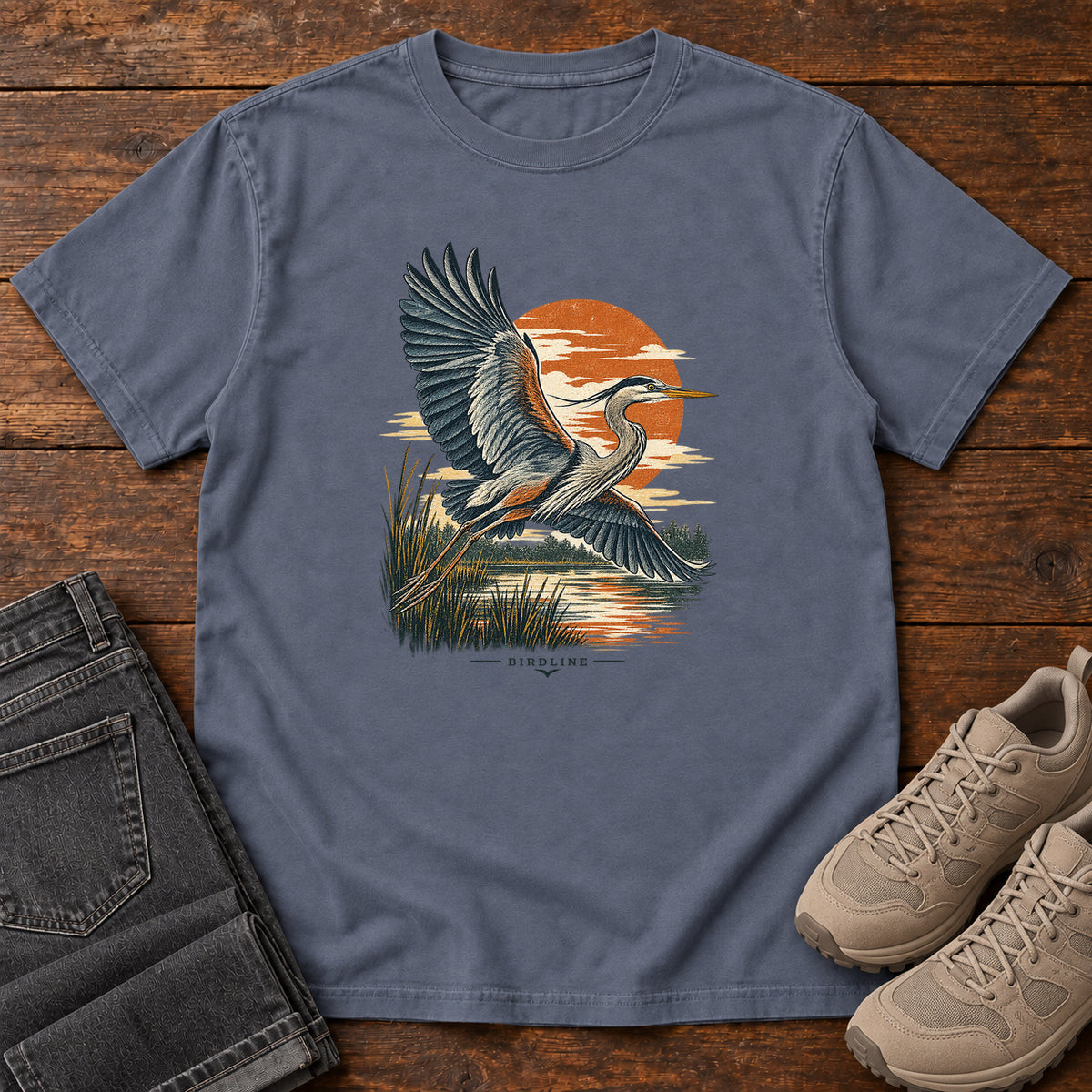 Heron in Flight T-Shirt – Sunset in Denim