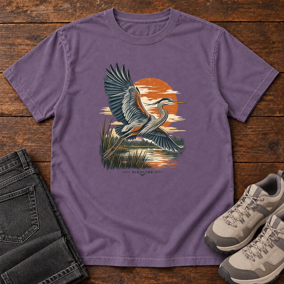 Heron in Flight T-Shirt – Sunset in Grape