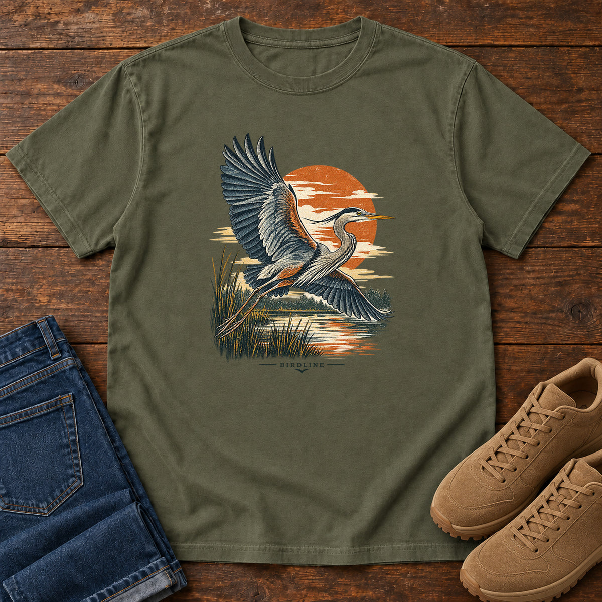 Heron in Flight T-Shirt – Sunset in Sage