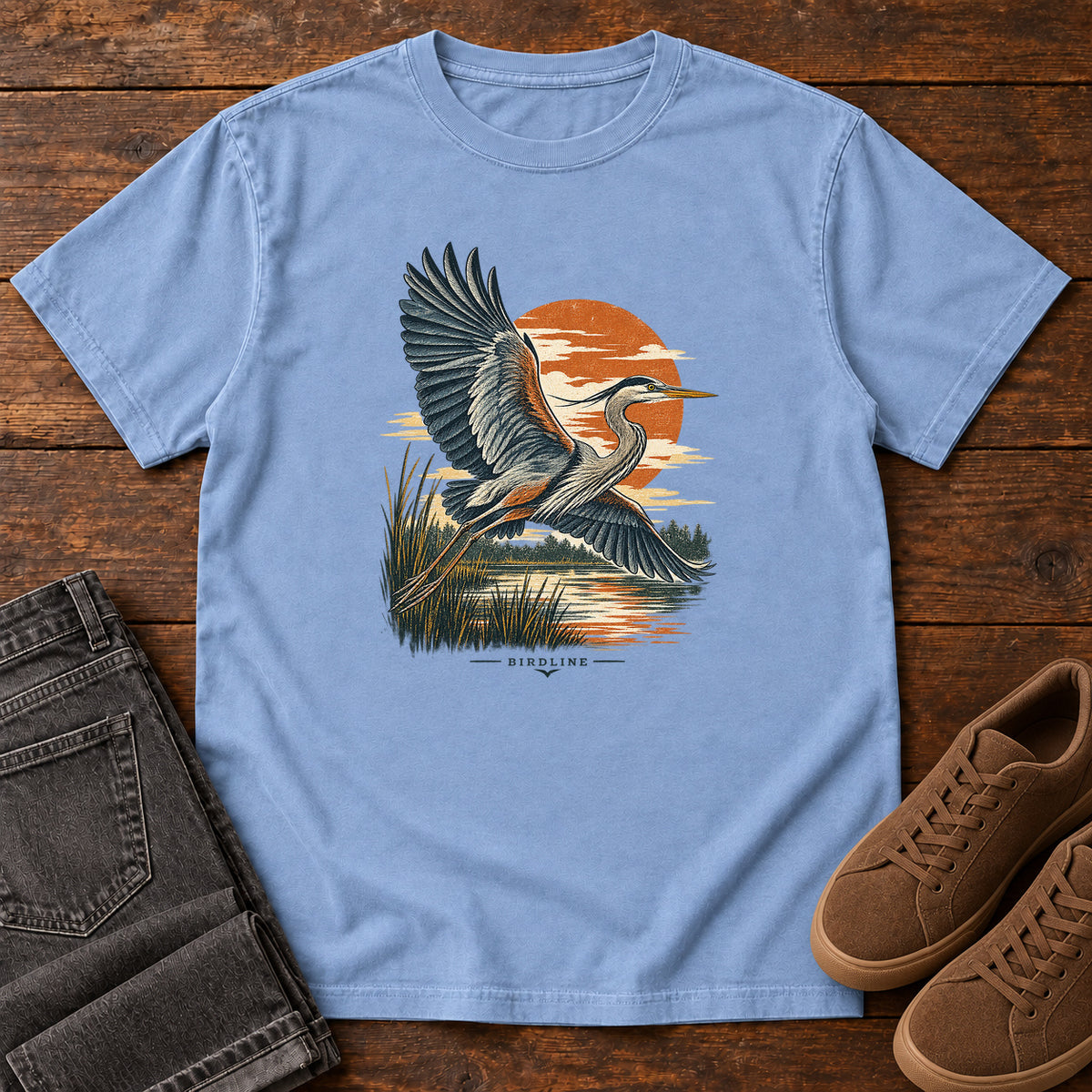 Heron in Flight T-Shirt – Sunset in Washed Denim