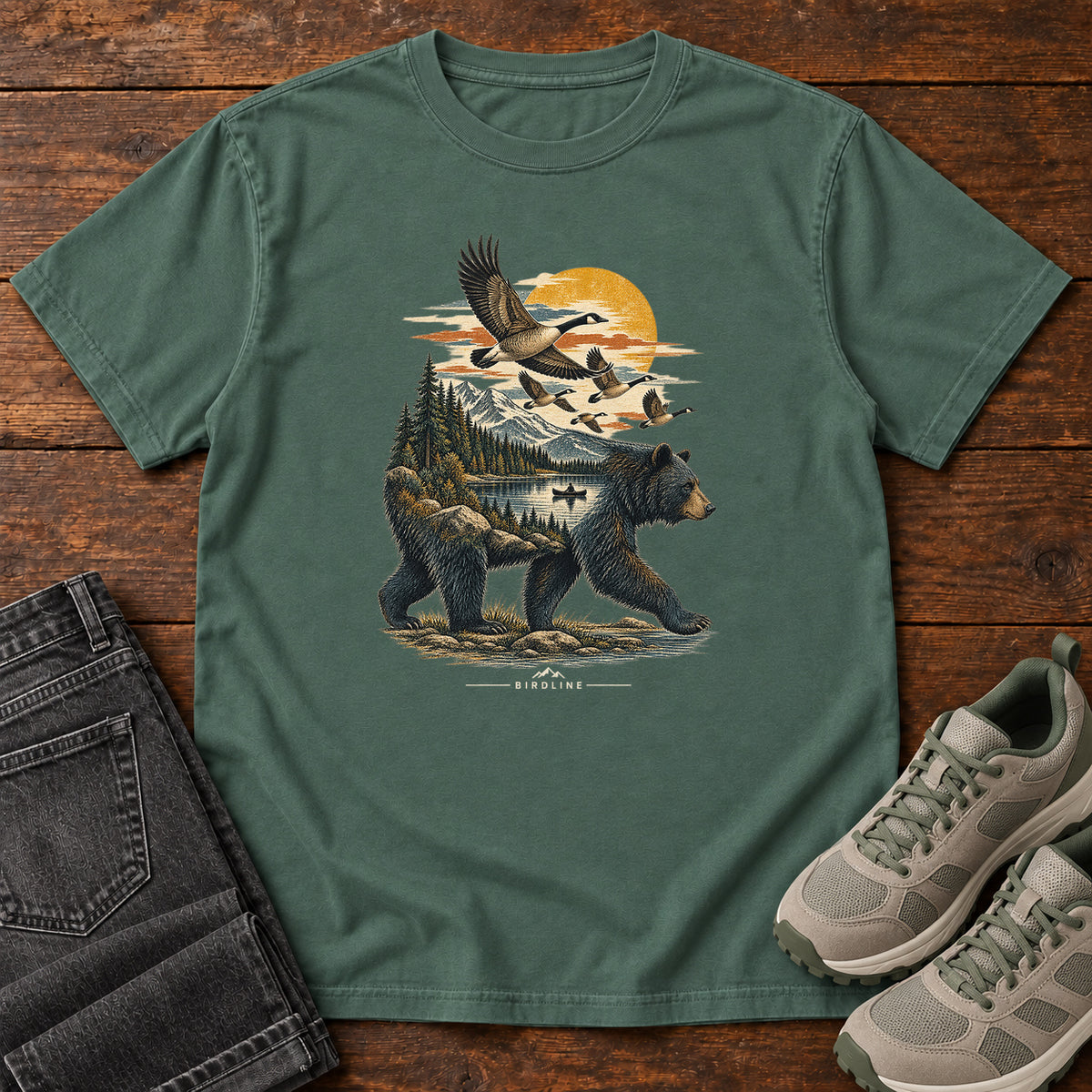 Bear and Geese T-Shirt in Blue Spruce
