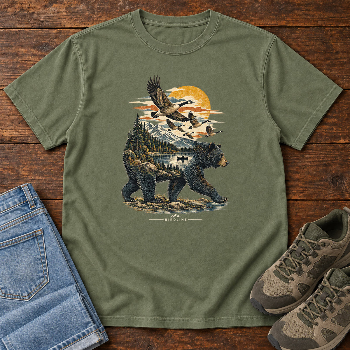 Bear and Geese T-Shirt in Moss