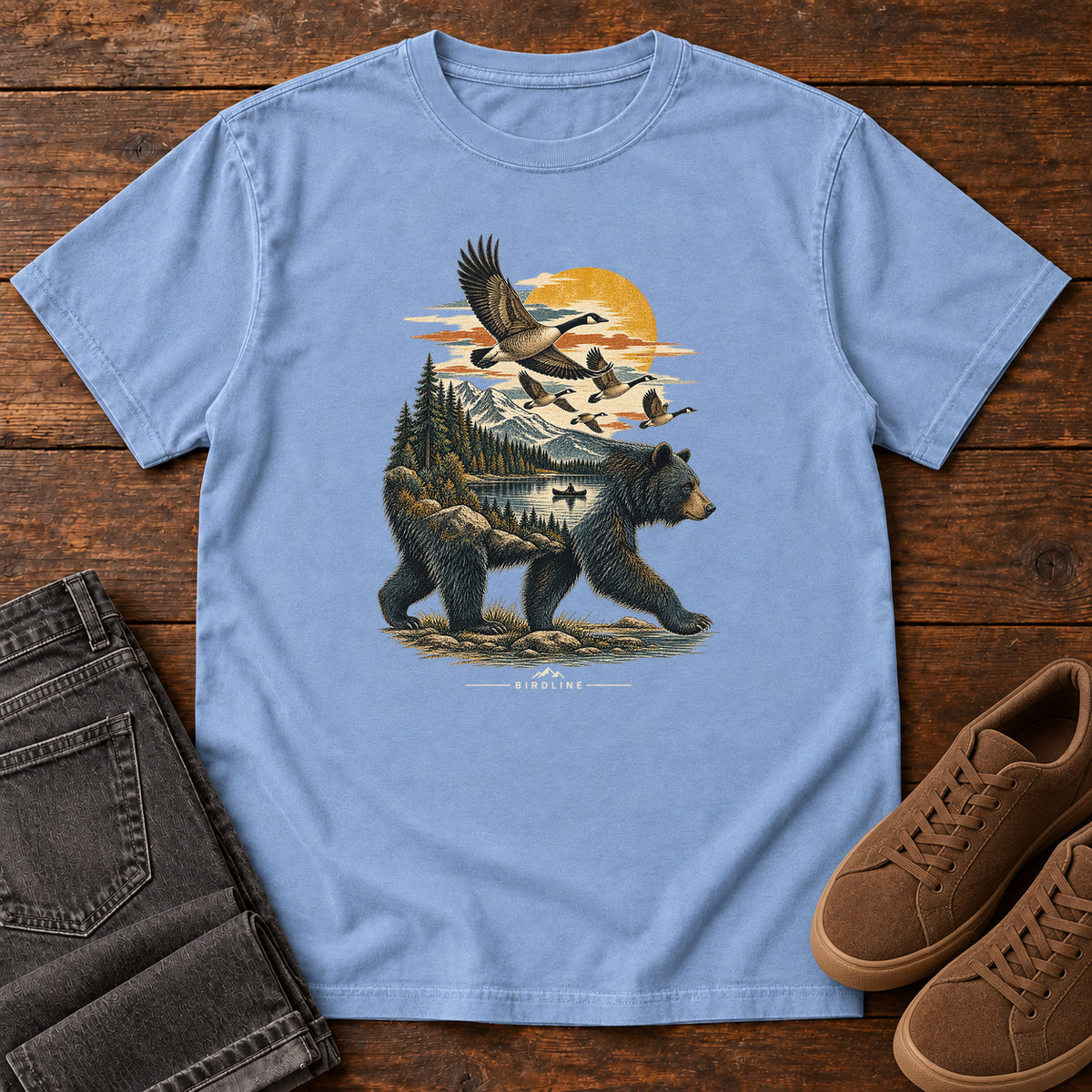 Bear and Geese T-Shirt in Washed Denim