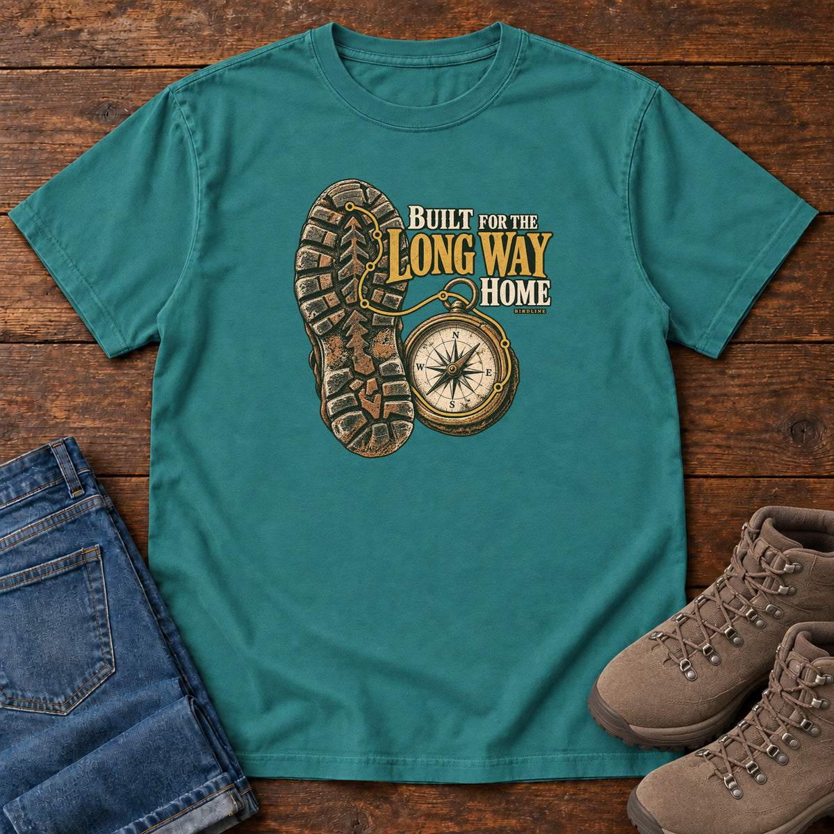 Built for the Long Way Home T-Shirt in Emerald, front laid flat on wood, featuring a rugged boot sole beside a round compass and cream-and-gold slogan lettering.