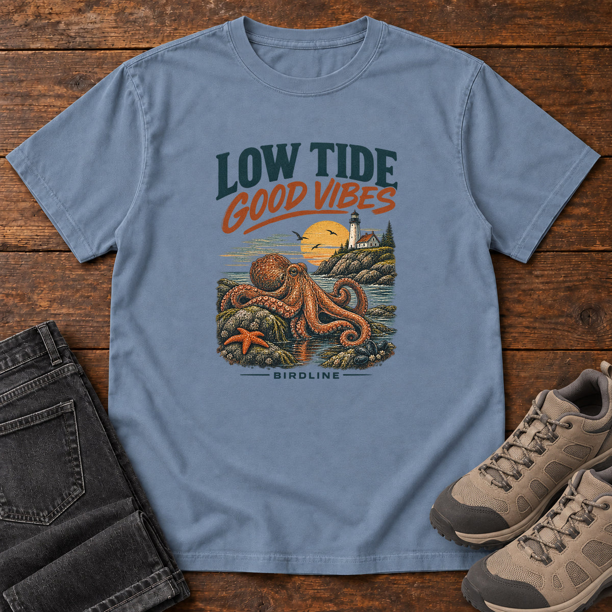 Low Tide Good Vibes Octopus T-Shirt in Blue Jean