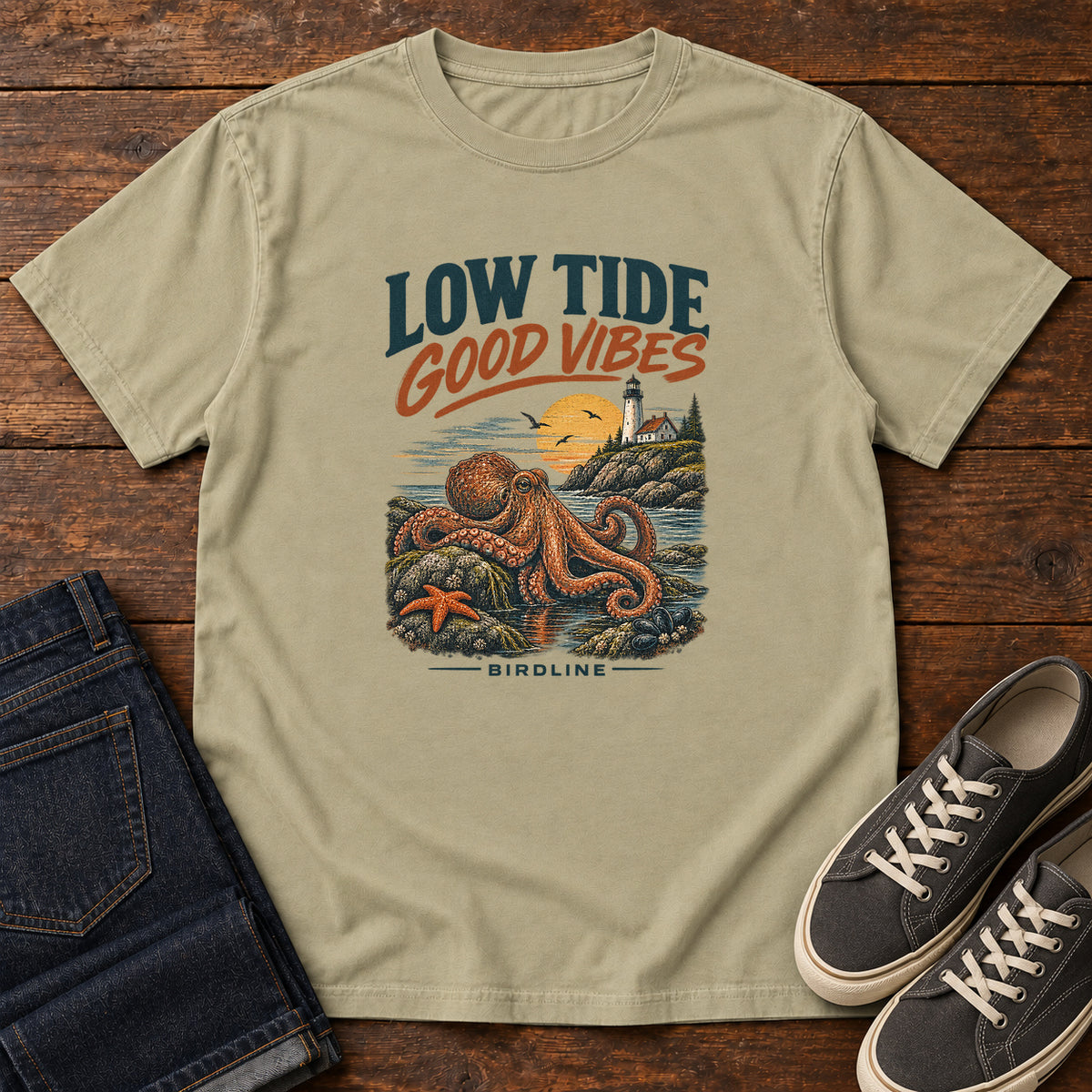 Low Tide Good Vibes Octopus T-Shirt in Khaki