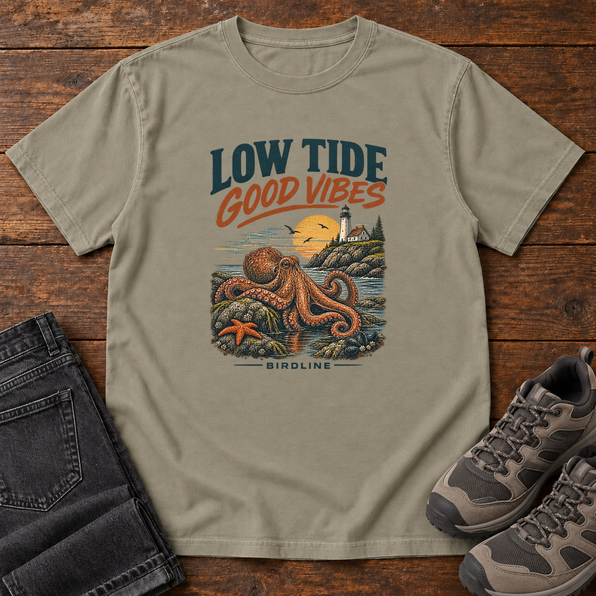 Low Tide Good Vibes Octopus T-Shirt in Sandstone