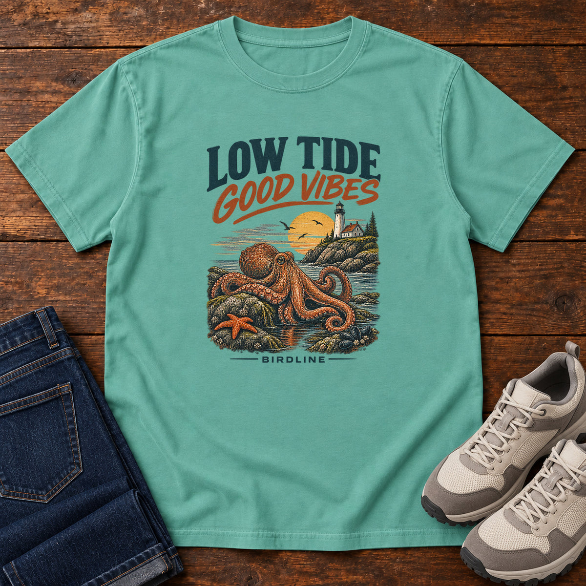 Low Tide Good Vibes Octopus T-Shirt in Seafoam