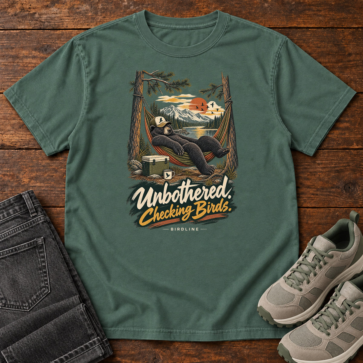 Unbothered Checking Birds Bear Hammock T-Shirt in Blue Spruce