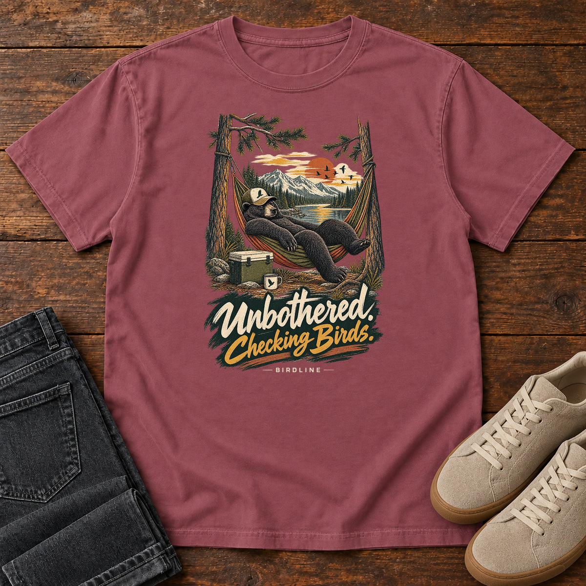 Unbothered Checking Birds Bear Hammock T-Shirt in Brick
