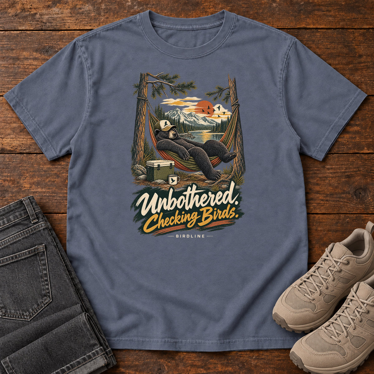 Unbothered Checking Birds Bear Hammock T-Shirt in Denim