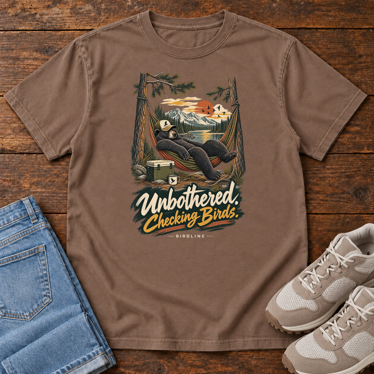 Unbothered Checking Birds Bear Hammock T-Shirt in Espresso
