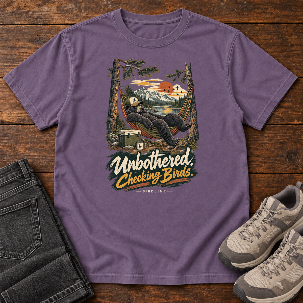 Unbothered Checking Birds Bear Hammock T-Shirt in Grape