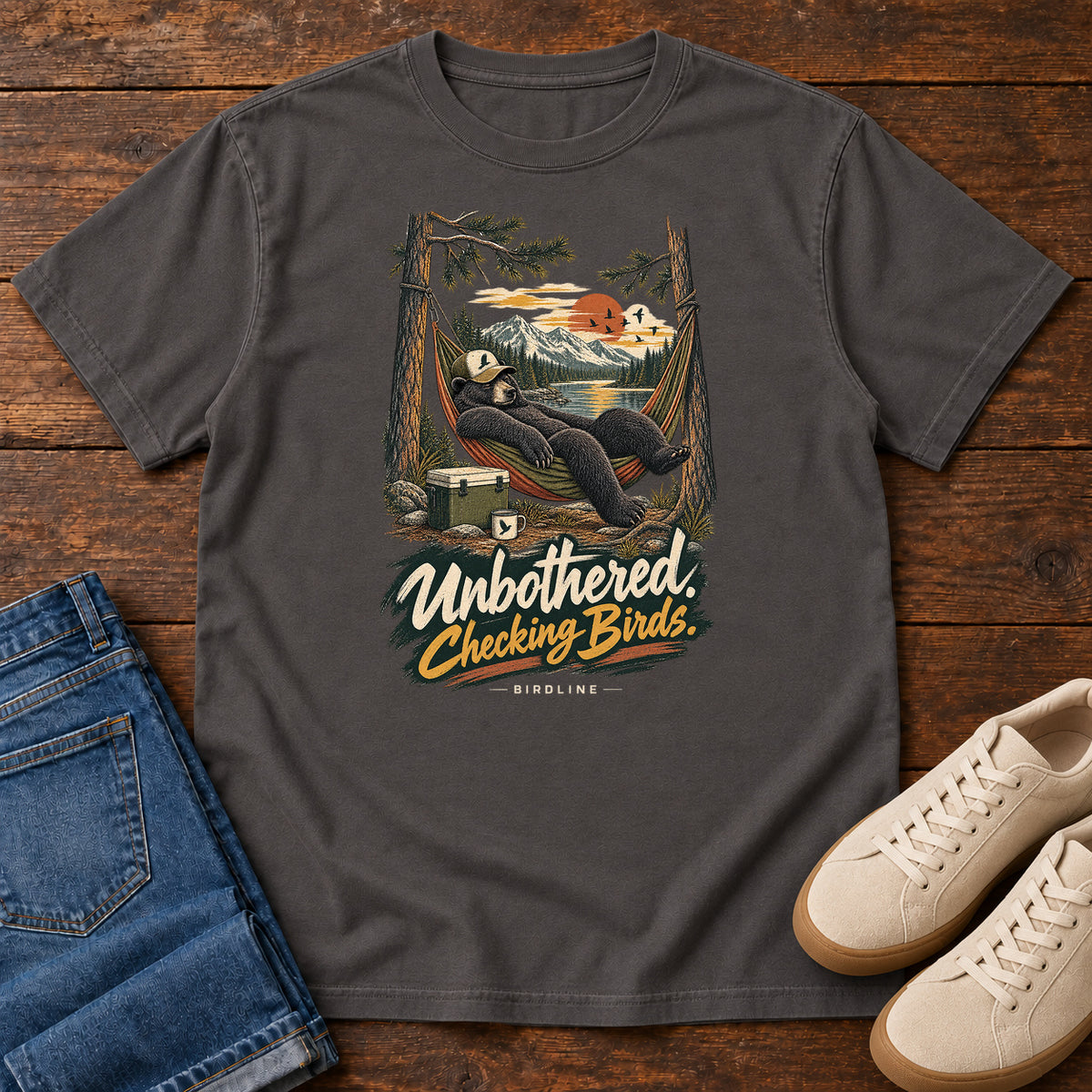 Unbothered Checking Birds Bear Hammock T-Shirt in Graphite