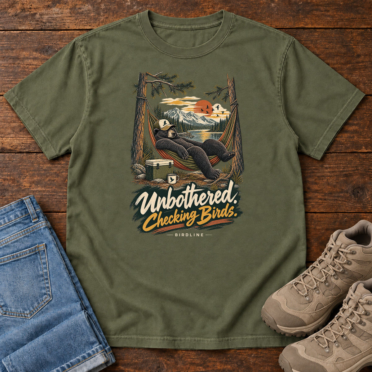 Unbothered Checking Birds Bear Hammock T-Shirt in Hemp