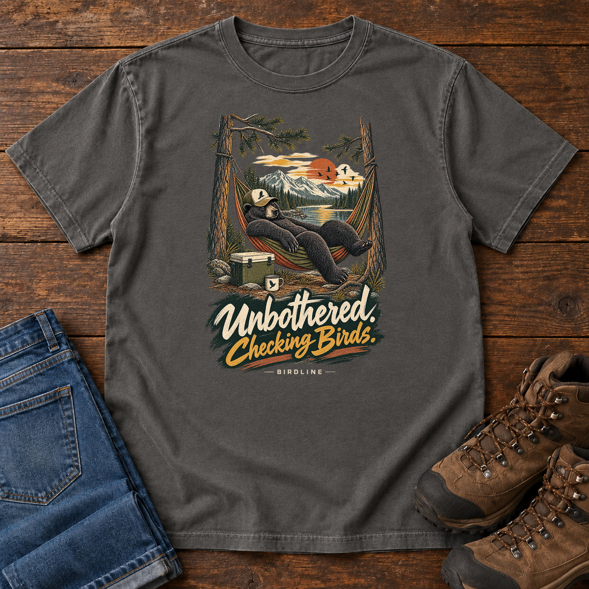 Unbothered Checking Birds Bear Hammock T-Shirt in Pepper