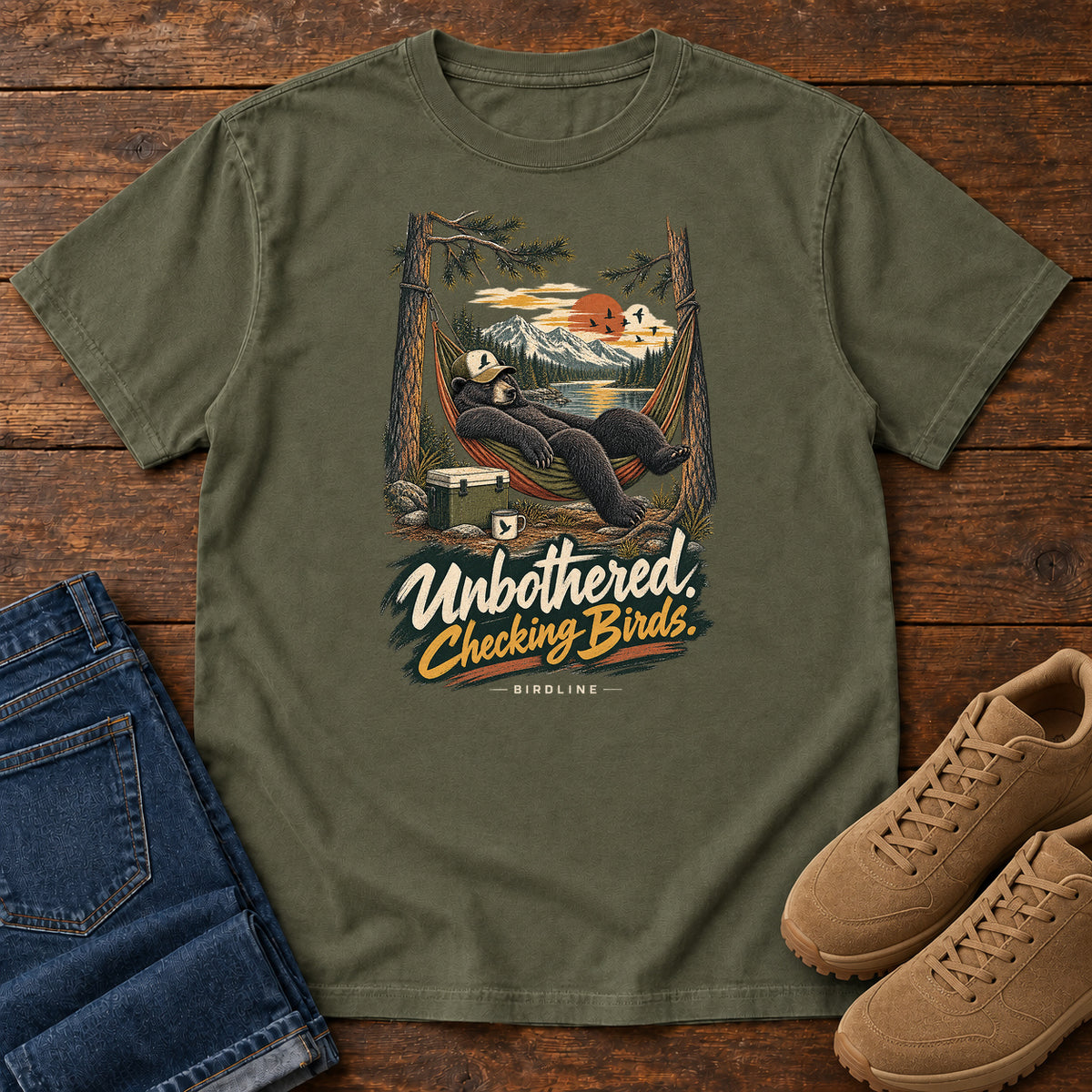 Unbothered Checking Birds Bear Hammock T-Shirt in Sage