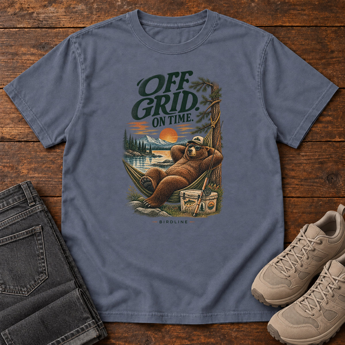 Off Grid on Time Bear Hammock T-Shirt in Denim