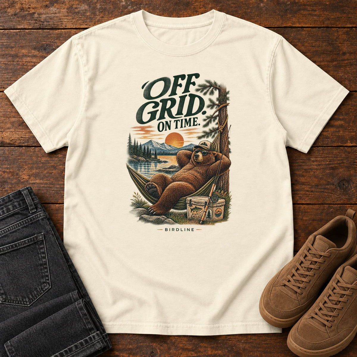 Off Grid on Time Bear Hammock T-Shirt in Ivory