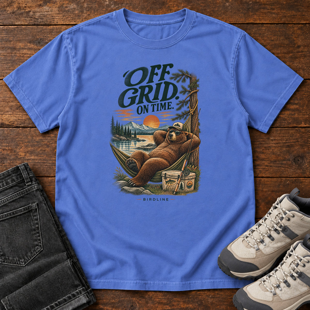 Off Grid on Time Bear Hammock T-Shirt in Mystic Blue