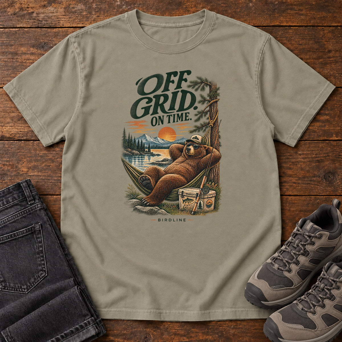 Off Grid on Time Bear Hammock T-Shirt in Sandstone