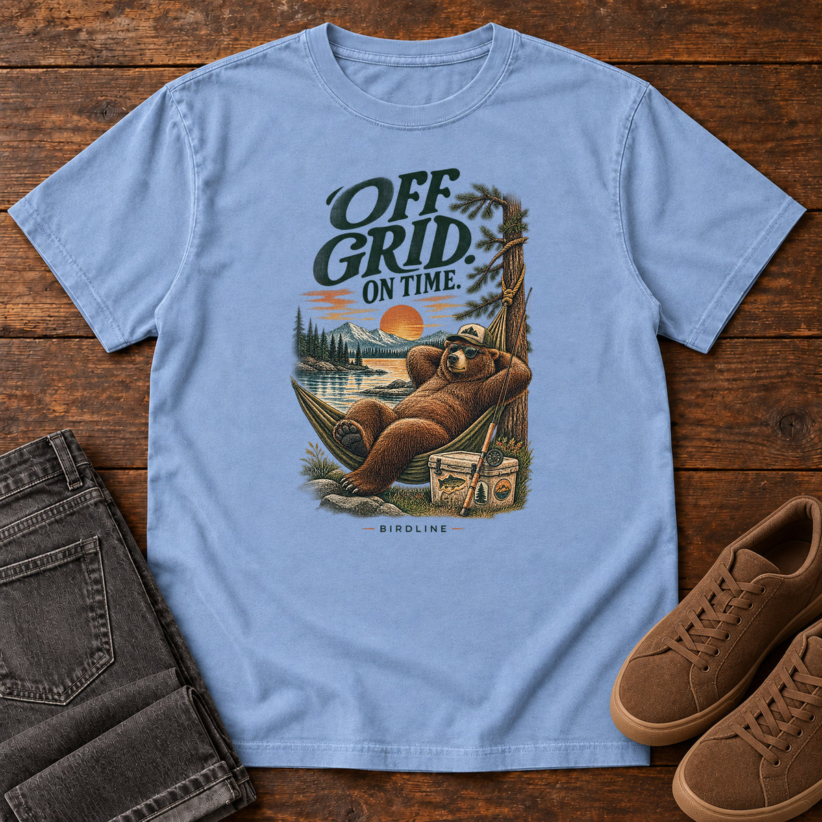 Off Grid on Time Bear Hammock T-Shirt in Washed Denim