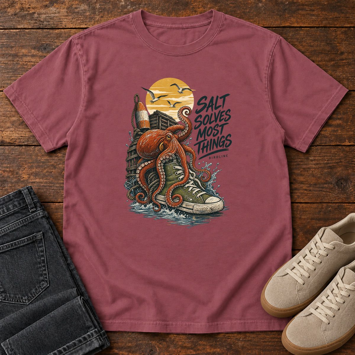 Salt Solves Most Things Octopus Boot T-Shirt in Brick