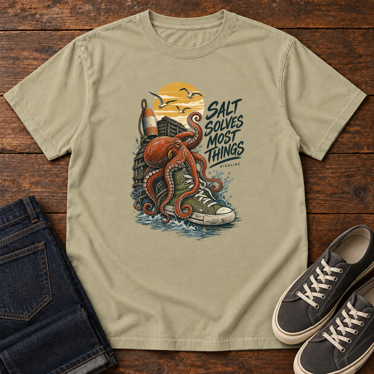 Salt Solves Most Things Octopus Boot T-Shirt in Khaki