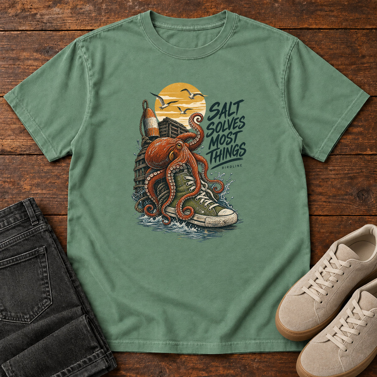 Salt Solves Most Things Octopus Boot T-Shirt in Light Green