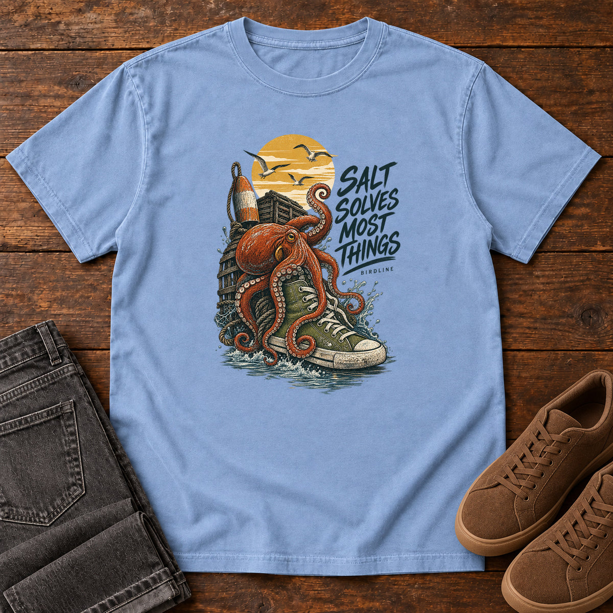 Salt Solves Most Things Octopus Boot T-Shirt in Washed Denim