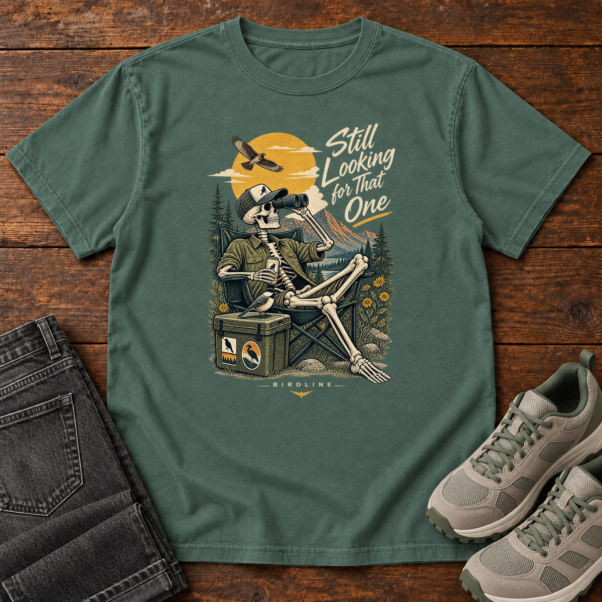 Still Looking for That One Skeleton Birdwatcher T-Shirt in Blue Spruce