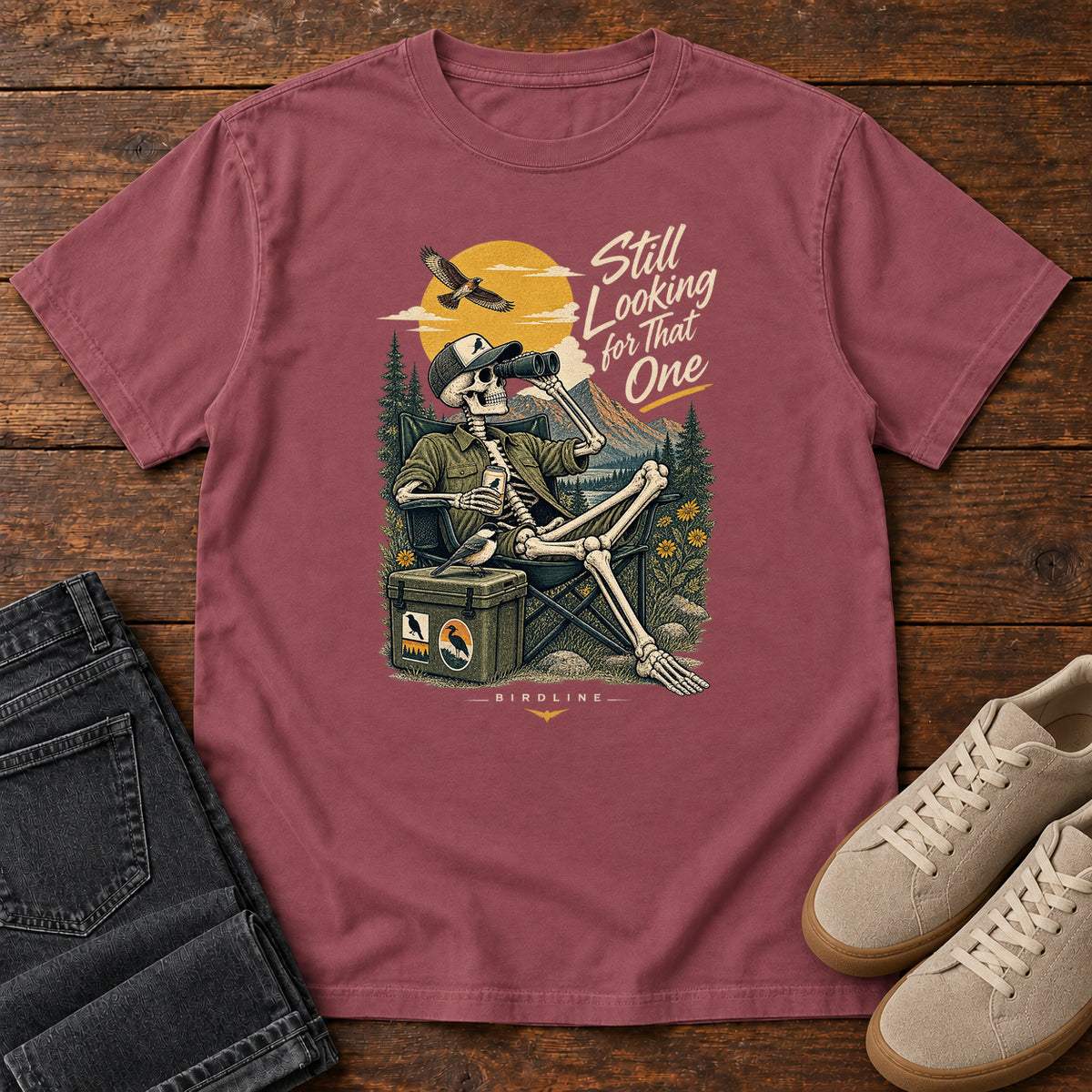 Still Looking for That One Skeleton Birdwatcher T-Shirt in Brick