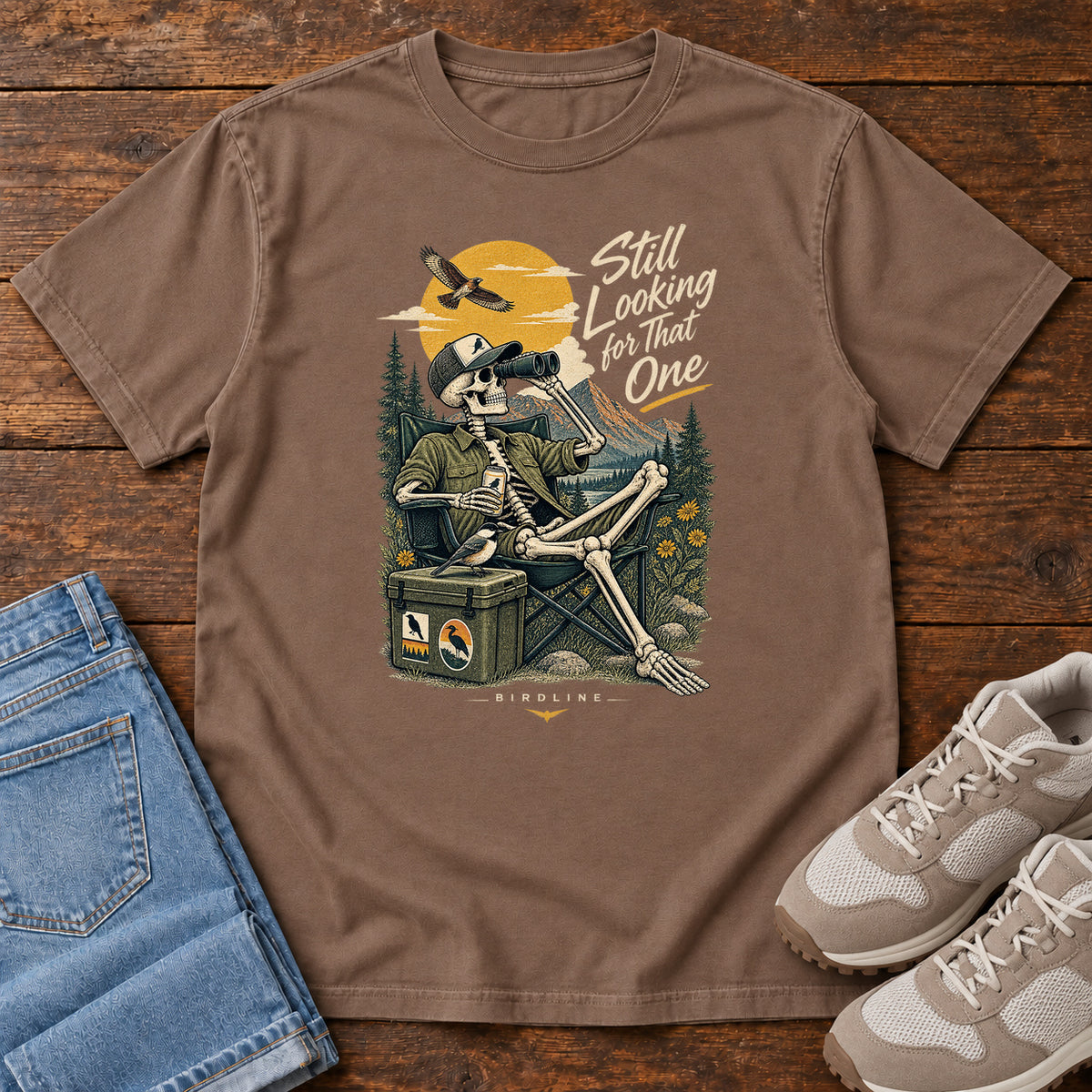 Still Looking for That One Skeleton Birdwatcher T-Shirt in Espresso