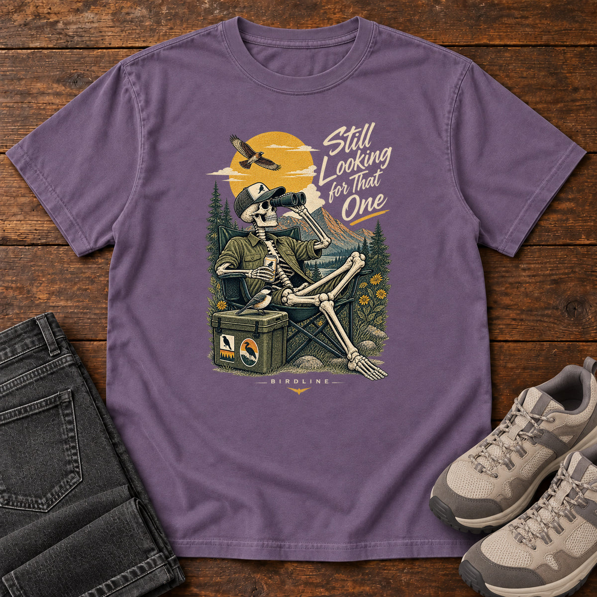 Still Looking for That One Skeleton Birdwatcher T-Shirt in Grape