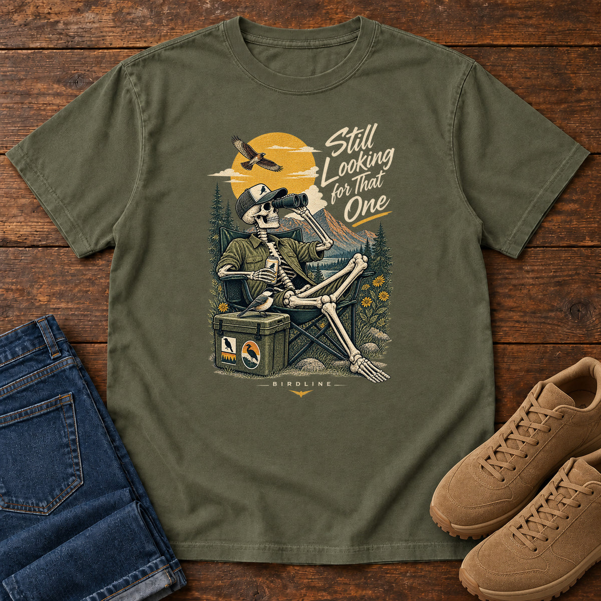 Still Looking for That One Skeleton Birdwatcher T-Shirt in Sage
