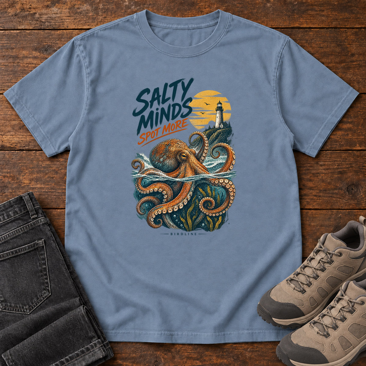 Salty Minds Spot More Octopus T-Shirt in Blue Jean