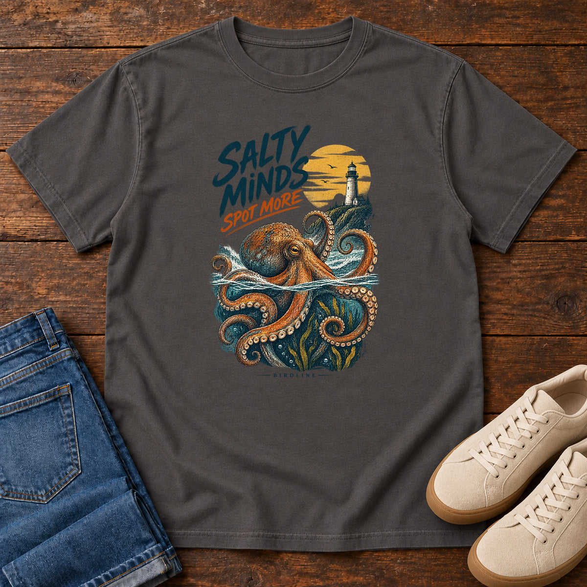 Salty Minds Spot More Octopus T-Shirt in Graphite