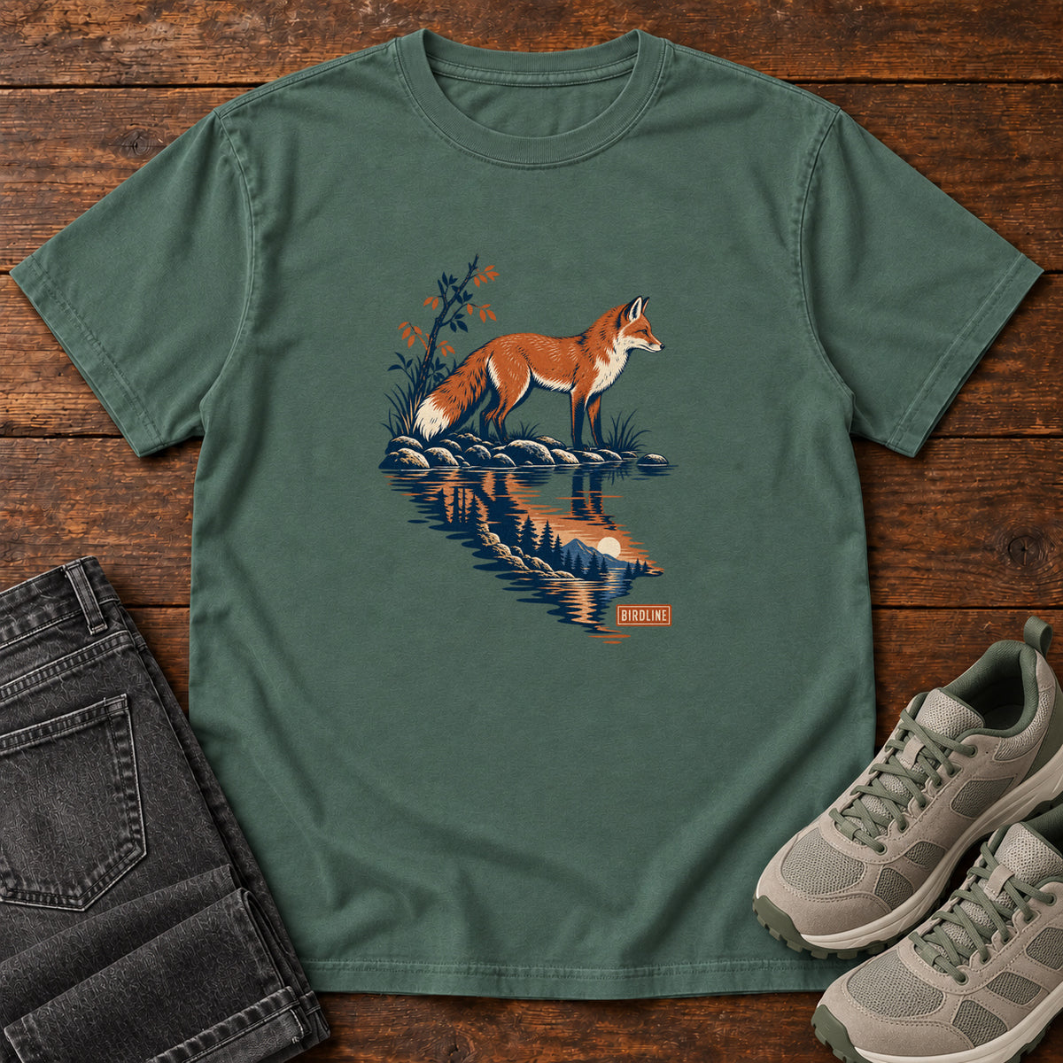 Blue Spruce Fox Reflection T-Shirt with an orange fox beside water reflecting pine trees, front flat lay on wood.