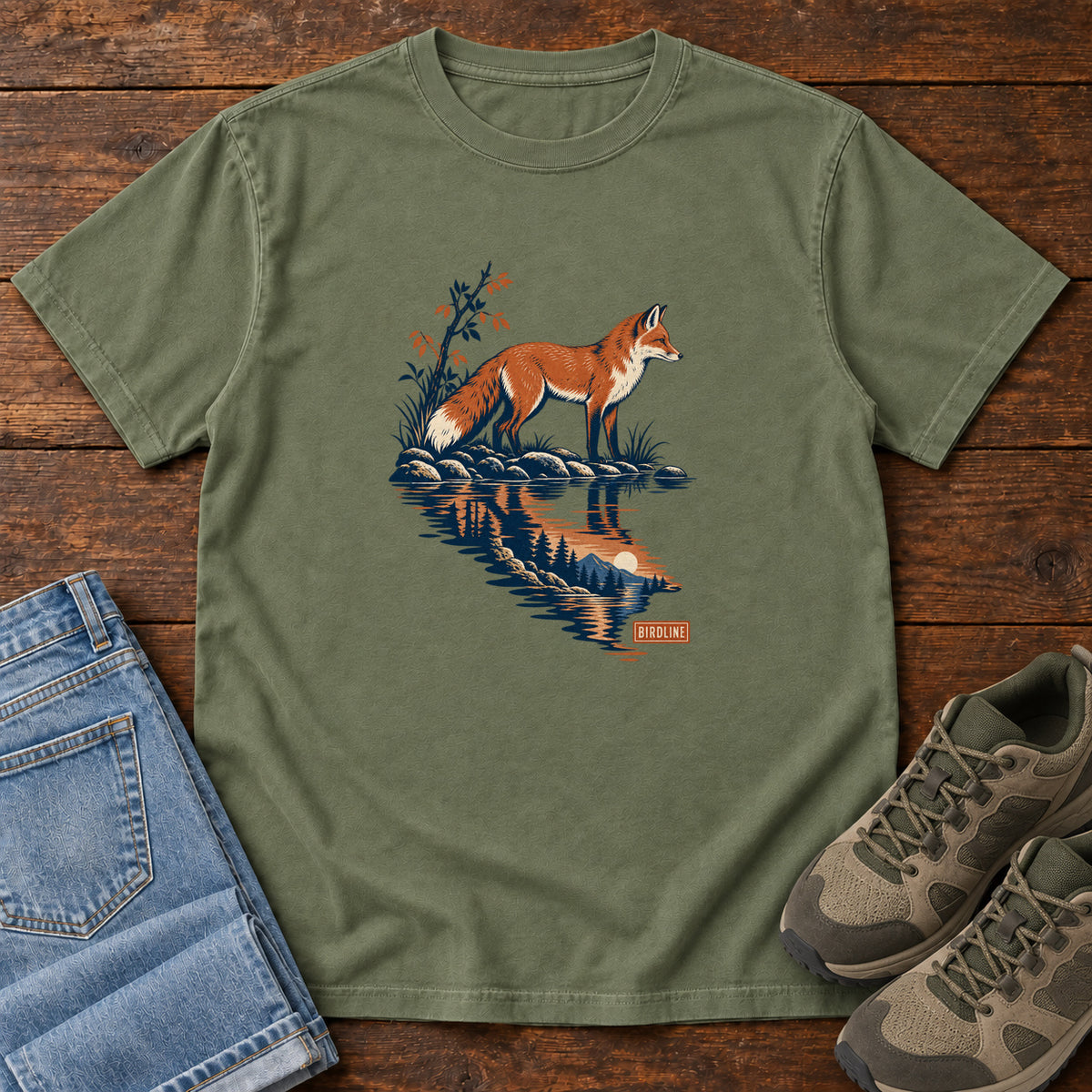 Moss Fox Reflection T-Shirt with an orange fox beside water reflecting pine trees, front flat lay on wood.
