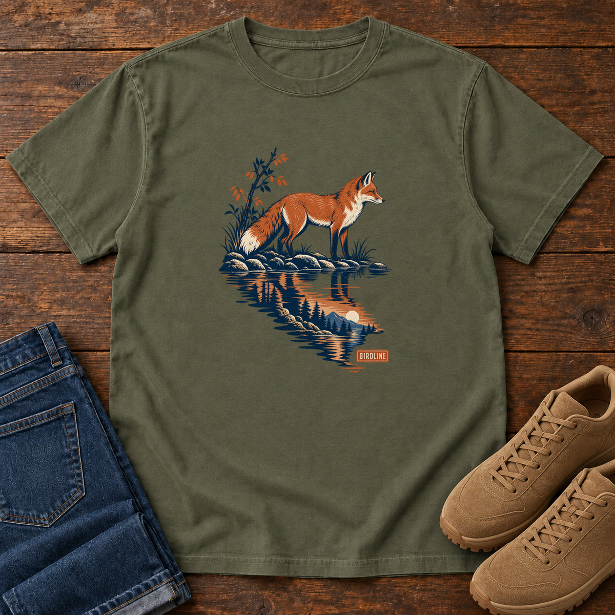 Sage Fox Reflection T-Shirt with an orange fox beside water reflecting pine trees, front flat lay on wood.
